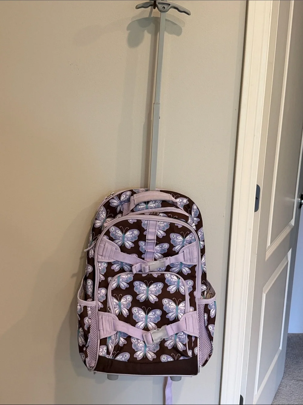 Pottery Barn Kids Rolling Backpack with Lavender and Light Blue Butterflies